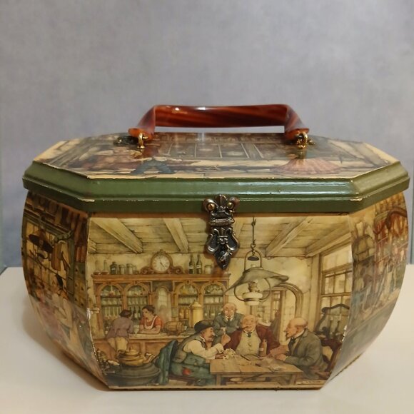 Anton Pieck Vintage Wooden Decoupage Octagon Box Purse - Picture 2 of 15